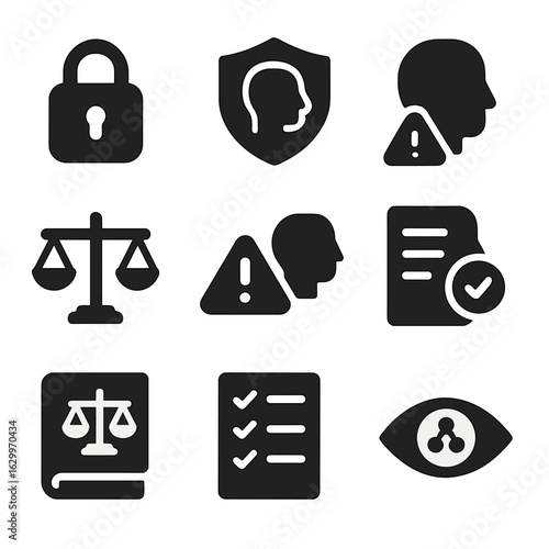 AI Ethics Icons Grid. Solid, filled icons set of AI ethical considerations: lock, shield, privacy, fairness
