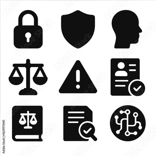 AI Ethics Icons Grid. Solid, filled icons set of AI ethical considerations: lock, shield, privacy, fairness