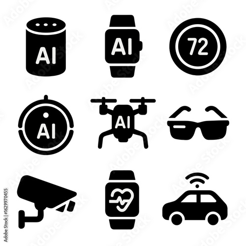 AI Device Icons Grid. Solid, filled icons set of AI-powered devices: smart speaker, wearable, smart thermostat