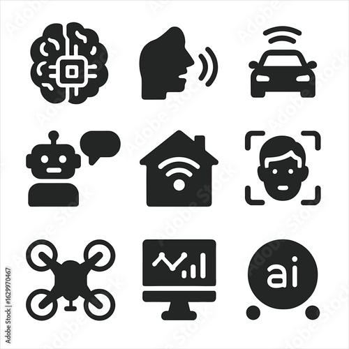 AI Icons Grid. Solid, filled icons set of artificial intelligence applications: machine learning, voice