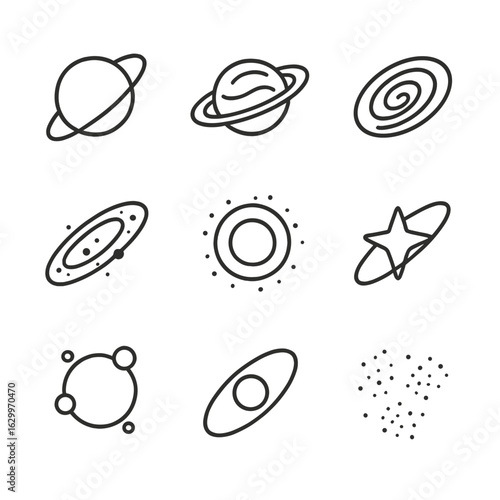 Astronomy Ring Icons. Outline icon set of ring in astronomy: Saturn's rings, planetary rings, ring galaxy, asteroid ring, ring