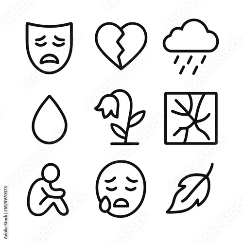 Artistic Suffering Icons. Outline icon set of suffering in literature and art: tragic mask, broken heart, dark cloud, tear drop,