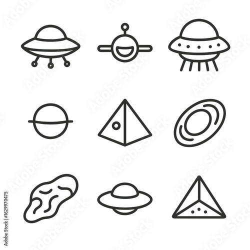 Alien Spacecraft Icons. Outline icon set of alien spacecraft types: saucer ship, scout drone, mothership, stealth orb, pyramid