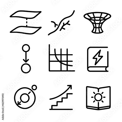 Alternative Cosmologies Icons. Outline icon set of alternative cosmologies: brane-world diagram, phantom cosmology line, f(R)