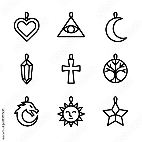 Amulet Icon Collection. Outline icon set of amulet types: heart-shaped amulet, eye of providence, crescent moon pendant, crystal