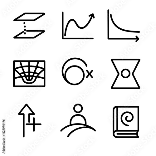 Alternative Cosmologies Icons. Outline icon set of alternative cosmologies: brane-world diagram, phantom cosmology line, f(R)