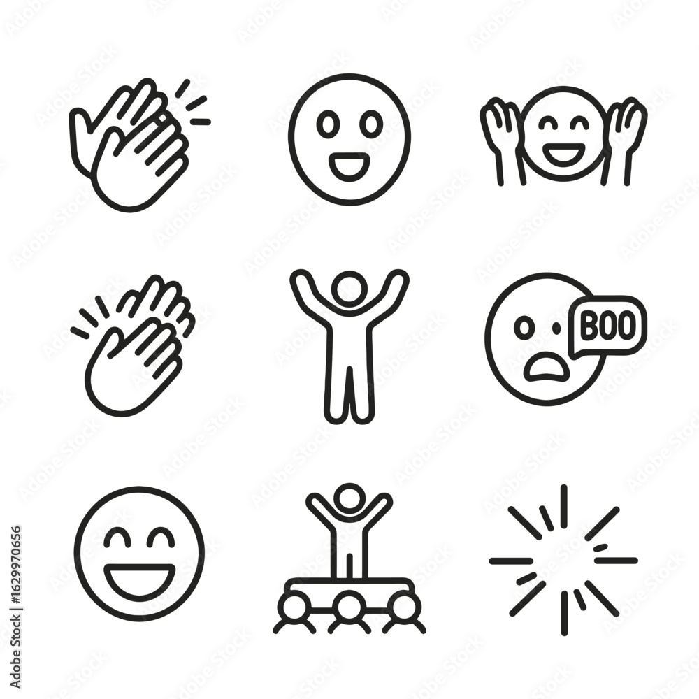 Obraz premium Audience Reaction Icons. Outline icon set of audience reaction: applause icon, gasping face, cheering emoji, clapping hands,