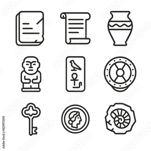 Ancient Artifacts Icons. Outline icon set of ancient artifacts: stone tablet, ancient scroll, clay pot, carved statue,