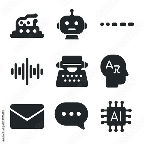 AI-Powered Vintage Icons. Solid, filled icons set of AI-powered vintage communications: telegram machine,