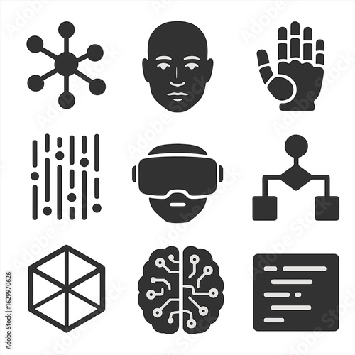 AI Icon Set. Solid, filled icons set of AI realism: neural network, human face, robot hand, data stream,