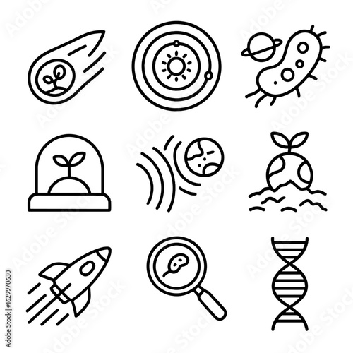 Astrobiology Icon Set. Outline icon set of astrobiology concepts: panspermia, habitable zone, exobiology, space colonization,