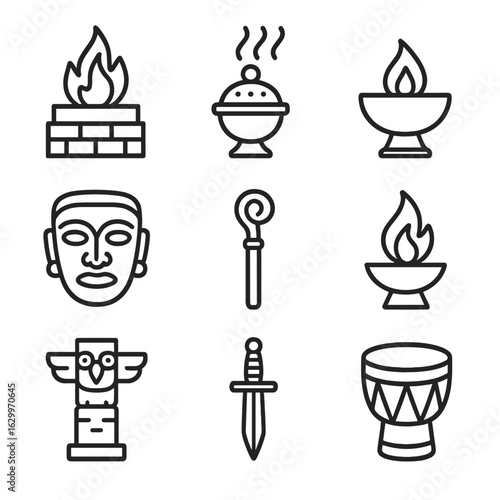 Ancient Ritual Icons. Outline icon set of ancient rituals: fire altar, incense burner, offering bowl, ceremonial mask, staff,