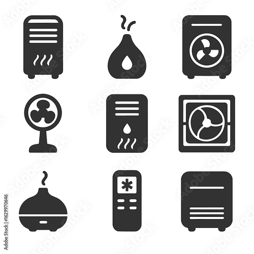 Air Comfort Icons. Solid, filled icons set of mobile air comfort devices: portable air conditioner, humidifier