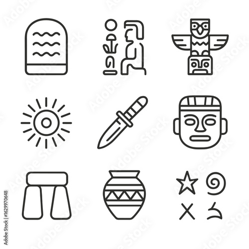 Ancient Ritual Icons. Outline icon set of ancient rituals: stone tablet, hieroglyphs, totem pole, sun disk, sacrificial knife,