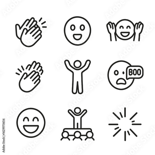 Audience Reaction Icons. Outline icon set of audience reaction: applause icon, gasping face, cheering emoji, clapping hands,