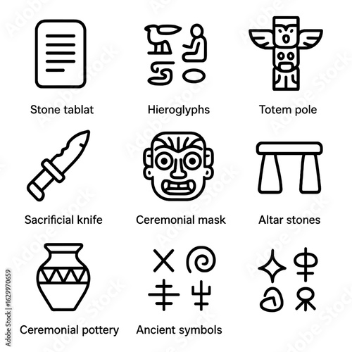 Ancient Ritual Icons. Outline icon set of ancient rituals: stone tablet, hieroglyphs, totem pole, sun disk, sacrificial knife,
