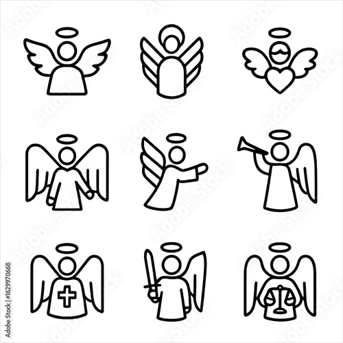 Angel Icon Set. Outline icon set of angel hierarchy: archangel, seraphim, cherubim, guardian angel, messenger, trumpet angel,
