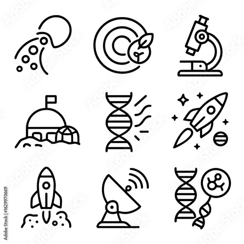 Astrobiology Icon Set. Outline icon set of astrobiology concepts: panspermia, habitable zone, exobiology, space colonization,