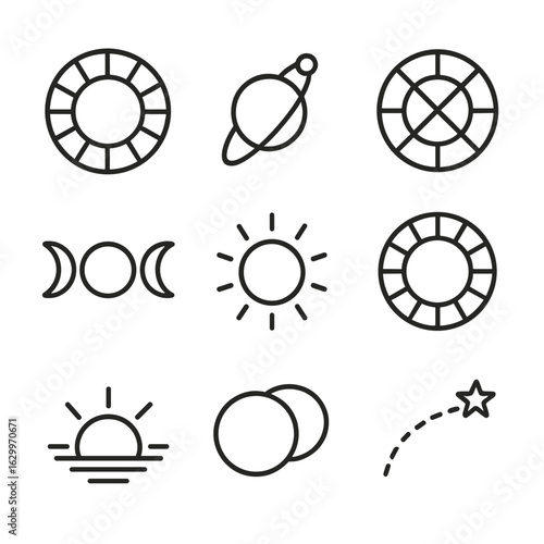 Astrology Icon Set. Outline icon set of astrology circles: zodiac wheel, planetary ring, birth chart, moon phase cycle, sun disk,