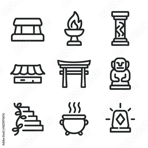 Ancient Temple Icons. Outline icon set of ancient temples: stone altar, sacred flame, carved pillar, roof tile, shrine gate,