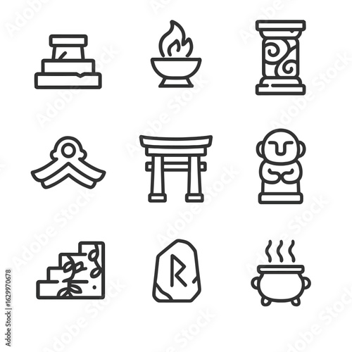 Ancient Temple Icons. Outline icon set of ancient temples: stone altar, sacred flame, carved pillar, roof tile, shrine gate,