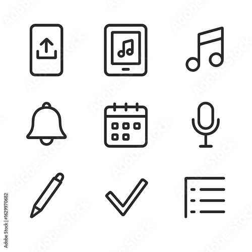 Audio and Note Icons. Outline icon set of beat in audio technology: bass booster, surround sound, stereo speakers, soundbar,