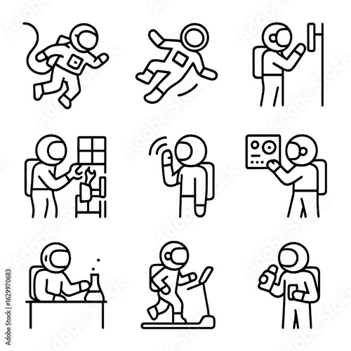 Astronaut Activity Icons. Outline icon set of astronaut activities: spacewalk, floating, adjusting equipment, repairing,