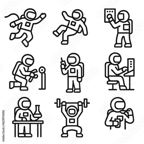 Astronaut Activity Icons. Outline icon set of astronaut activities: spacewalk, floating, adjusting equipment, repairing,