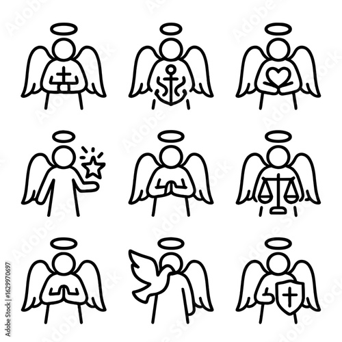 Angelic Virtues Icon Set. Outline icon set of angelic symbols of virtue: faith, hope, charity, humility, kindness, justice,
