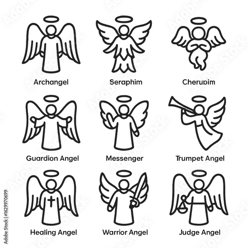 Angel Icon Set. Outline icon set of angel hierarchy: archangel, seraphim, cherubim, guardian angel, messenger, trumpet angel,