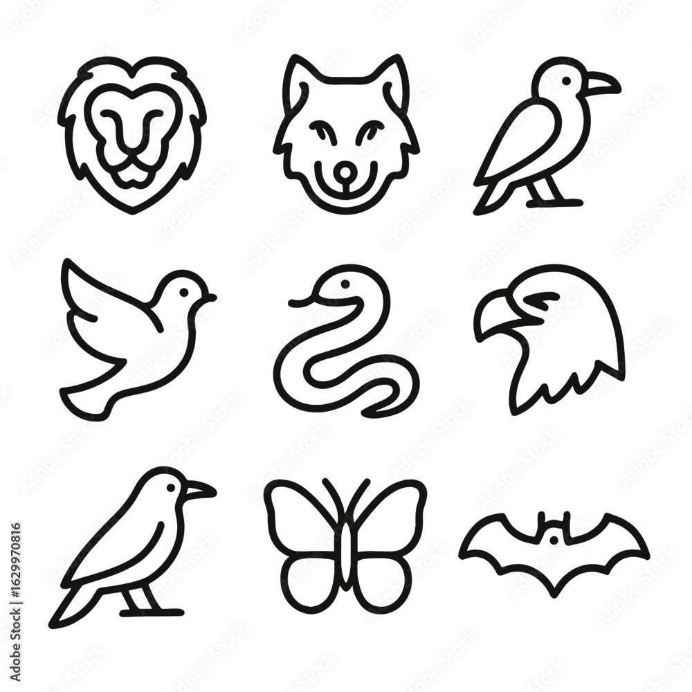 Fototapeta premium Animal Symbol Icons. Outline icon set of symbolic animals: lion, wolf, raven, dove, snake, eagle, crow, butterfly, bat. Line icons