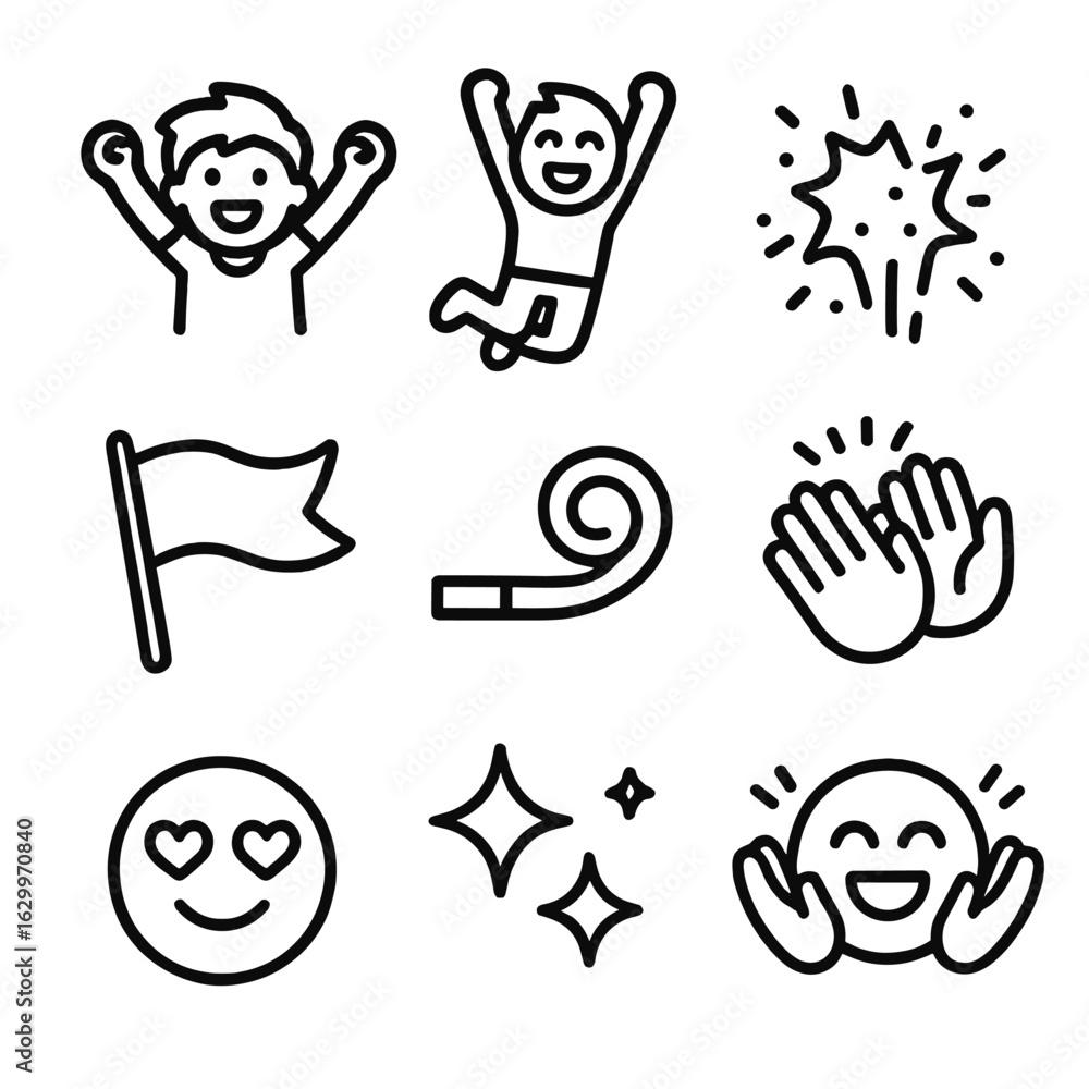 Obraz premium Animated Cheering Icons. Outline icon set of animated cheering: cartoon cheering, jumping character, confetti burst, waving flag,