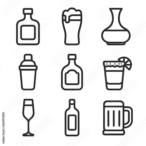 Alcohol Icon Set. Outline icon set of Alcoholic beverages selection: whiskey bottle, beer glass, wine decanter