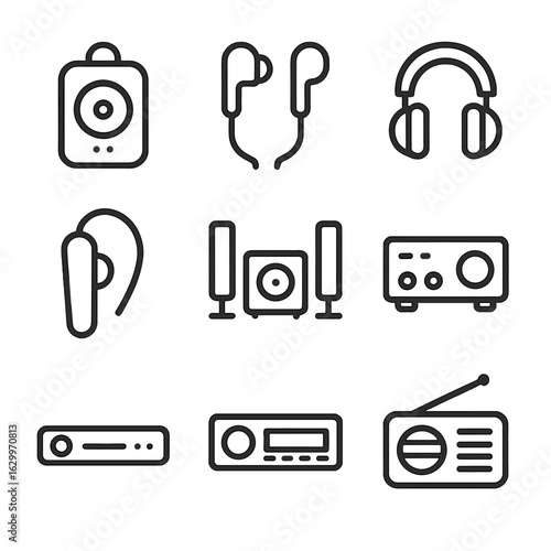 Audio Device Outline Set. Outline icon set of volume in audio devices: portable speaker, earphones, wired headphones, Bluetooth