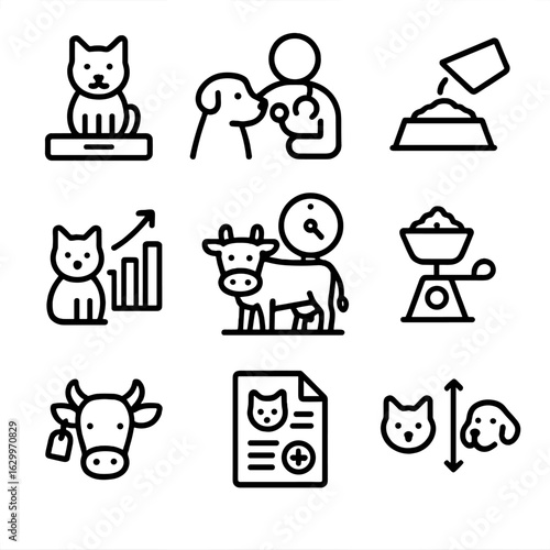 Animal Weight Care Icons. Outline icon set of animal weight care: pet scale, vet checkup icon, food portion control, growth chart,