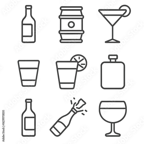 Alcohol Beverage Icons. Outline icon set of Alcoholic beverage icons: wine bottle, beer keg, cocktail glass,