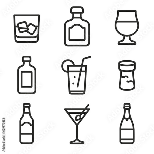 Alcohol Icons Grid. Outline icon set of Mixed drinks and spirits: whiskey glass, tequila bottle, rum glass,