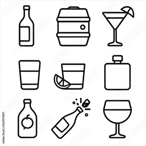 Alcohol Beverage Icons. Outline icon set of Alcoholic beverage icons: wine bottle, beer keg, cocktail glass,