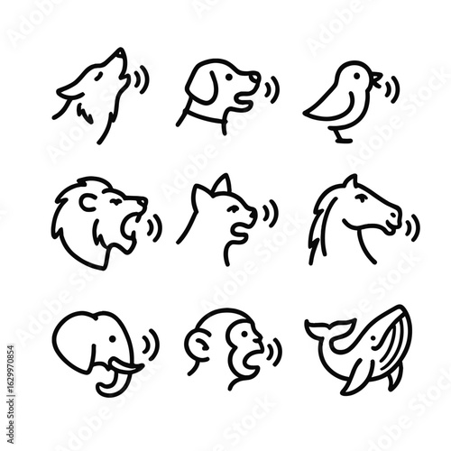 Animal Vocalization Icons. Outline icon set of animal vocalizations: wolf howl, dog bark, bird chirp, lion roar, cat meow, horse
