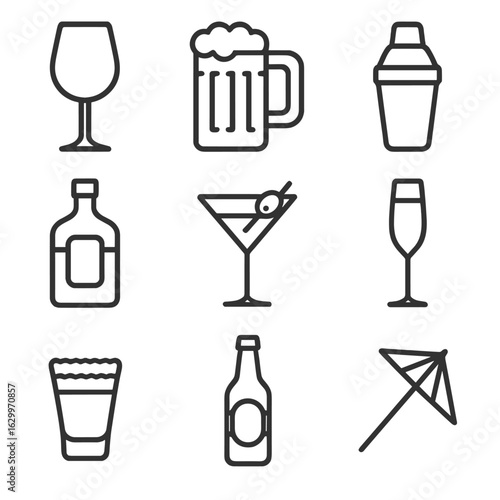 Alcoholic Beverages Icons. Outline icon set of Alcoholic beverages: wine glass, beer mug, cocktail shaker,