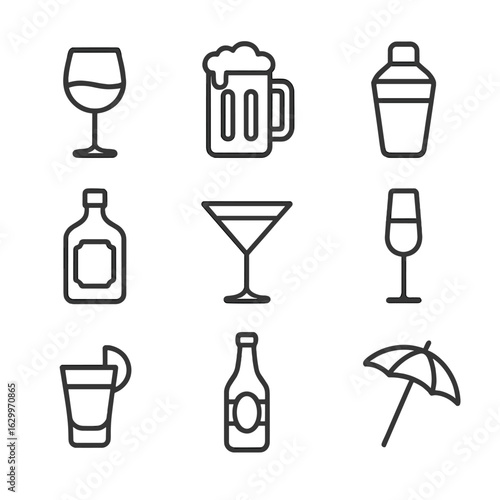 Alcoholic Beverages Icons. Outline icon set of Alcoholic beverages: wine glass, beer mug, cocktail shaker,