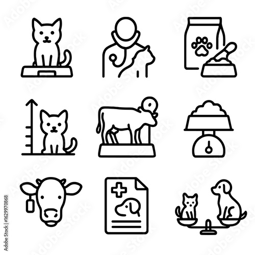 Animal Weight Care Icons. Outline icon set of animal weight care: pet scale, vet checkup icon, food portion control, growth chart,
