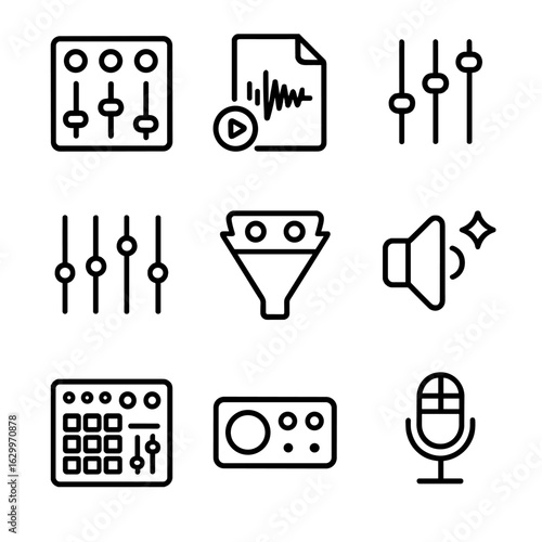 Audio Equipment Icons. Outline icon set of volume in music production: mixing console, audio track, sound mixer, equalizer, sound