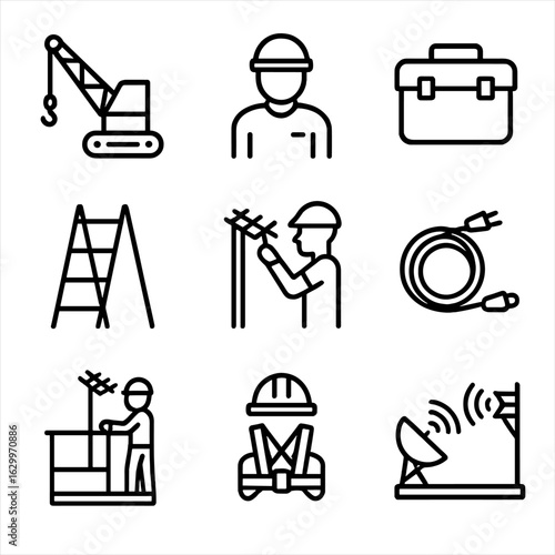 Antenna Installation Icons. Outline icon set of antenna installation: crane, technician, toolbox, ladder, antenna adjustment,