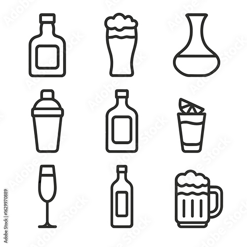 Alcohol Icon Set. Outline icon set of Alcoholic beverages selection: whiskey bottle, beer glass, wine decanter