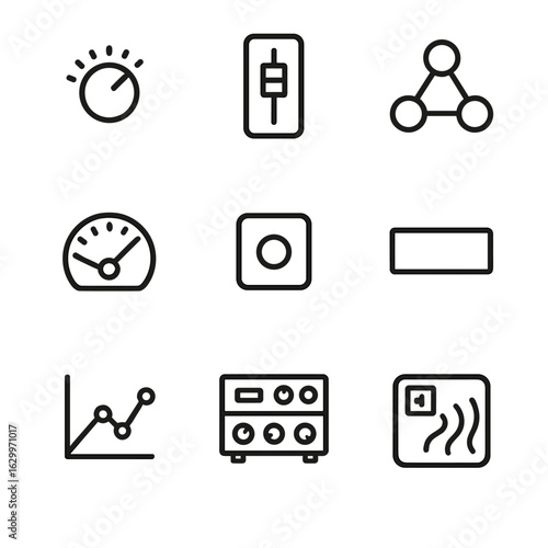 Audio Mixing Icon Set. Outline icon set of audio mixing workflow: input gain, channel strip, bus routing, VU meter, solo button,