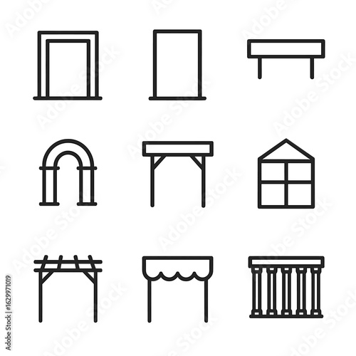 Architectural Framing Icons. Outline icon set of architectural framing: window opening, door jamb, structural beam, archway,
