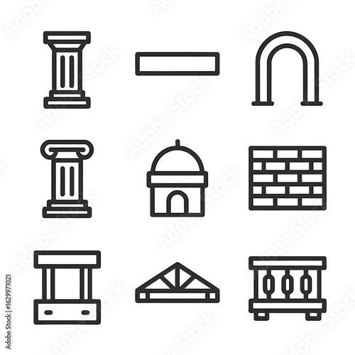 Architectural Icon Set. Outline icon set of rigid architectural elements: pillar, beam, arch, column, dome, wall, foundation,