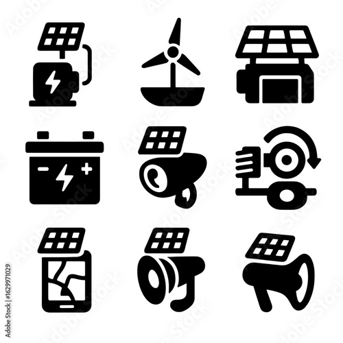 Alternative Energy Vehicle Icons. Solid, filled icons set of alternative energy vehicles accessories: solar