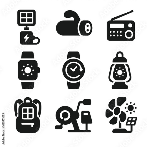 Alternative Energy Icons. Solid, filled icons set of alternative energy-powered gadgets: solar-powered charger
